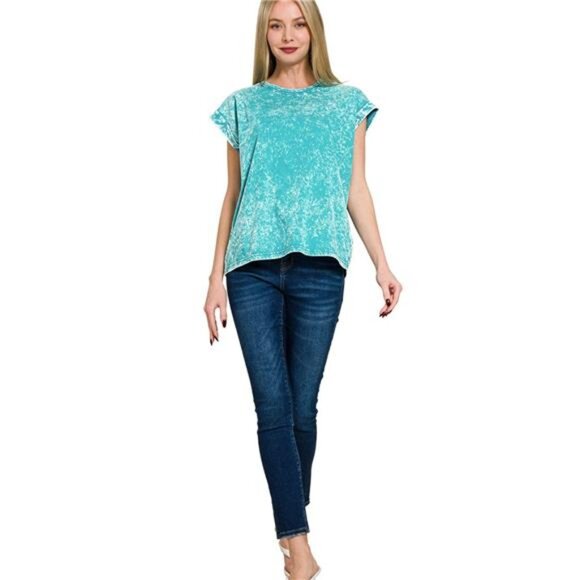 Zenana Crinkle Washed Round Neck Folded Short Sleeve Tee - Picture 2 of 4